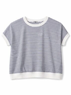 Zenana Striped Cropped Tee Blue White Short Sleeve Boxy Top Size L Casual